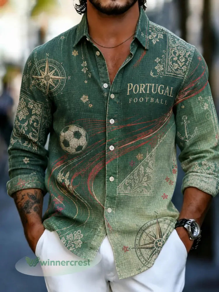 Camisa de Manga Comprida com Estampa Artística para Fãs de Futebol de Portugal – Masculina - A / S