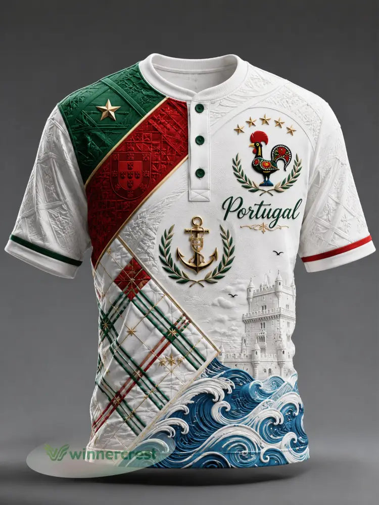 Camisa masculina de manga curta com estampa artística do futebol português em relevo - A / S