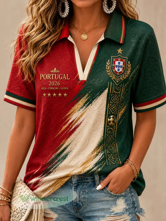 Camisa Polo Casual Clássica de Futebol Português Vintage para Mulheres - como a imagem / S