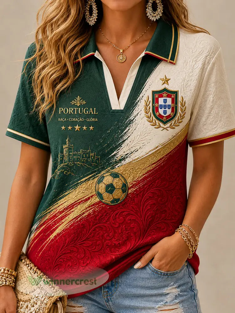 Camisa polo casual de fã de futebol português retrô para mulheres - como a imagem / S