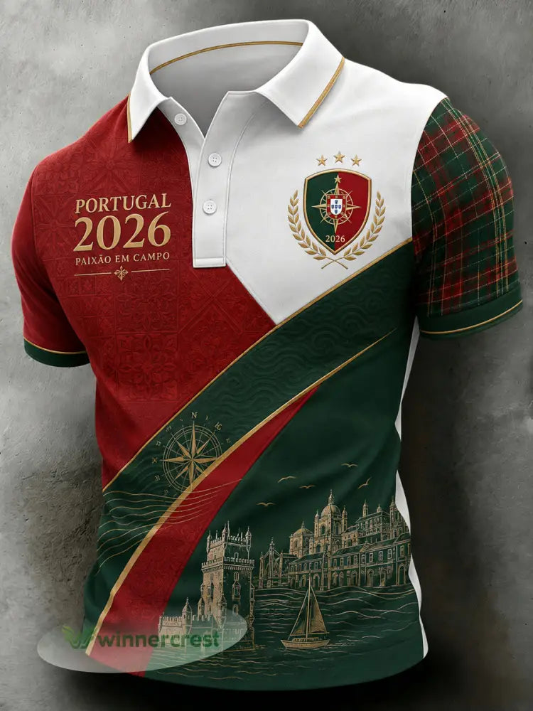Camisa polo casual em patchwork de futebol português retrô - como a imagem / S