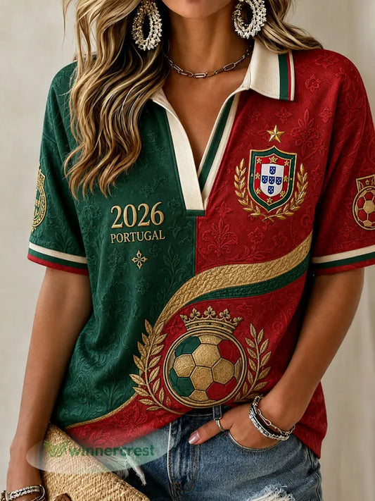 Camisa polo casual feminina vintage de inspiração futebolística portuguesa - como a imagem / S