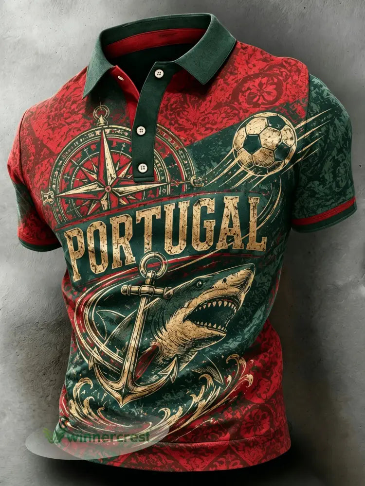 Camisa polo de manga curta com estampa artística temática de torcida em jogos de futebol da seleção portuguesa