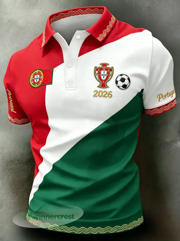Camisa polo de manga curta com estampa artística temática de torcida em jogos de futebol da seleção portuguesa