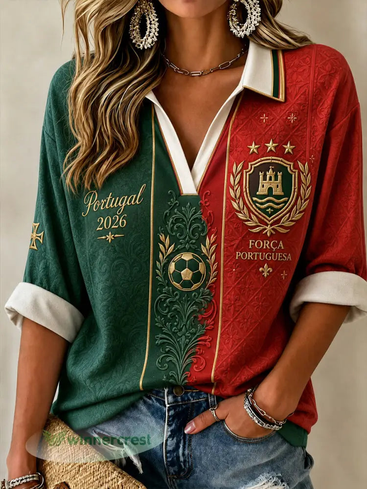 Camisa polo em patchwork com arte retrô de futebol português para mulheres - como a imagem / S