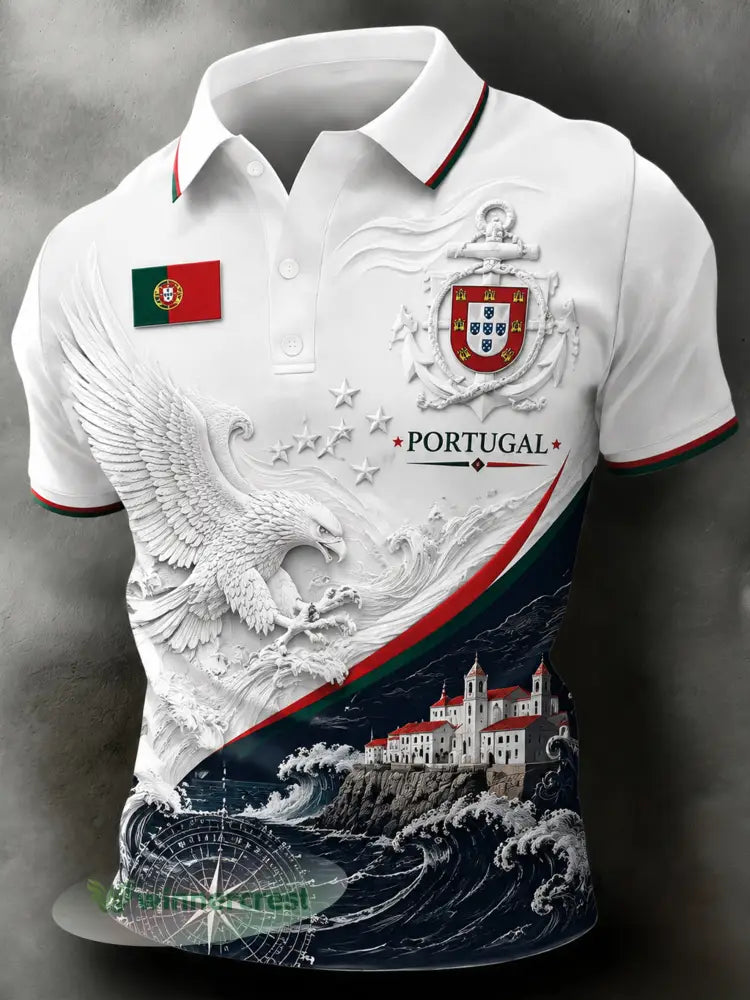 Camisa polo masculina com tema de futebol português: detalhes em relevo e estampa artística inspirada nos torcedores