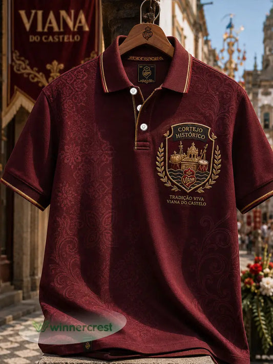 Camisas Casuais Estampadas com Arte das Festas de Agonia de Portugal para Homens - vermelho do vinho / S