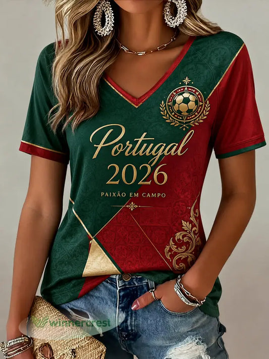 Camiseta Casual com Gola em V para Fãs de Futebol Português Estilo Retrô Feminino - como a imagem / S