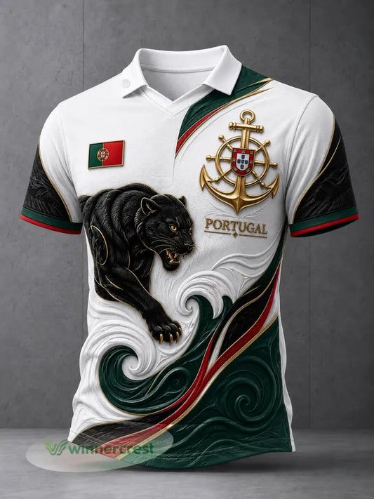 Camiseta com Gola em V e Estampa de Arte para Fãs de Futebol de Portugal – Masculina - A / S