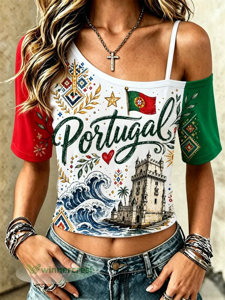 Camiseta de Manga Curta com Estampa Artística do Futebol Feminino de Portugal - A / S