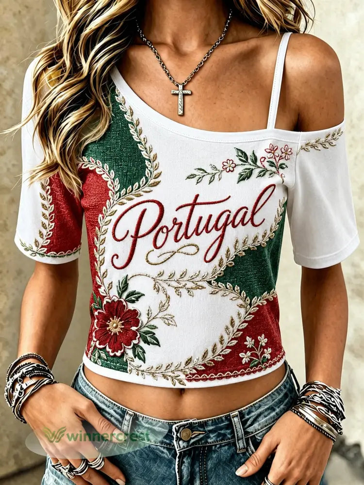 Camiseta de Manga Curta com Estampa Artística do Futebol Feminino de Portugal - A / S