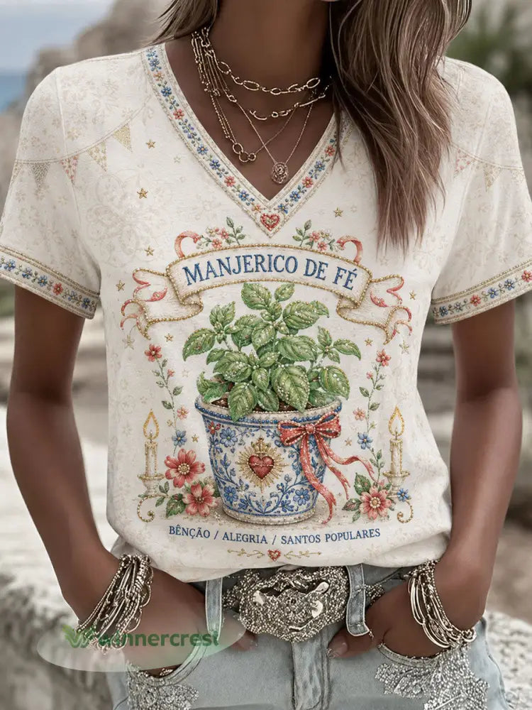 Camiseta estampada com arte do Festival das Mulheres dos Santos Populares de Portugal - Branco-Cremoso / S