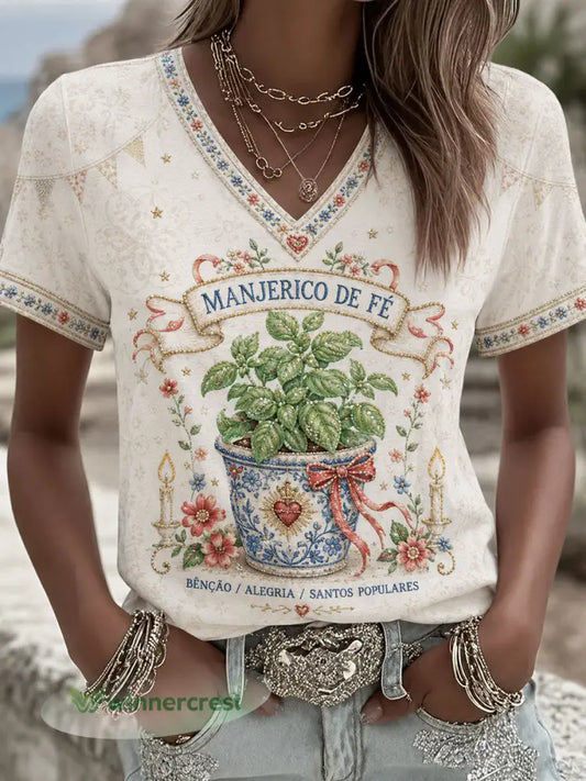 Camiseta estampada com arte do Festival das Mulheres dos Santos Populares de Portugal - Branco-Cremoso / S