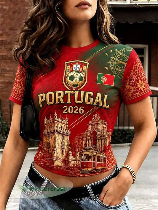Camiseta estampada de futebol português para mulheres - como a imagem / S