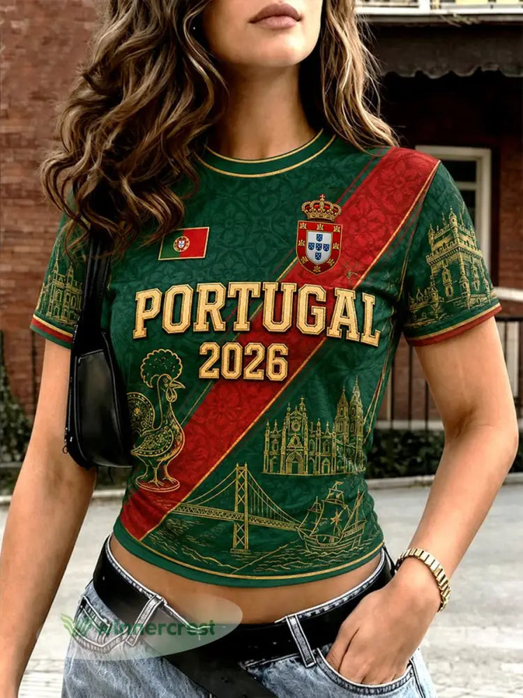 Camiseta estampada de futebol português para mulheres - como a imagem / S