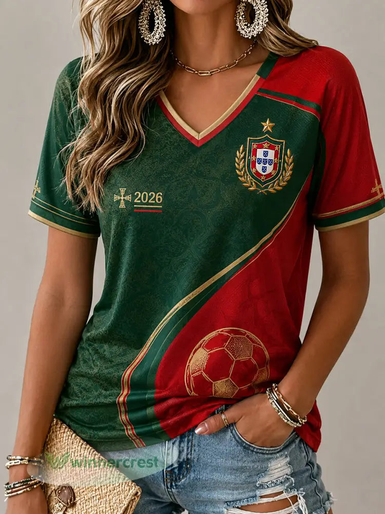 Camiseta Feminina Clássica de Futebol Português Vintage Casual com Gola em V - como a imagem / S