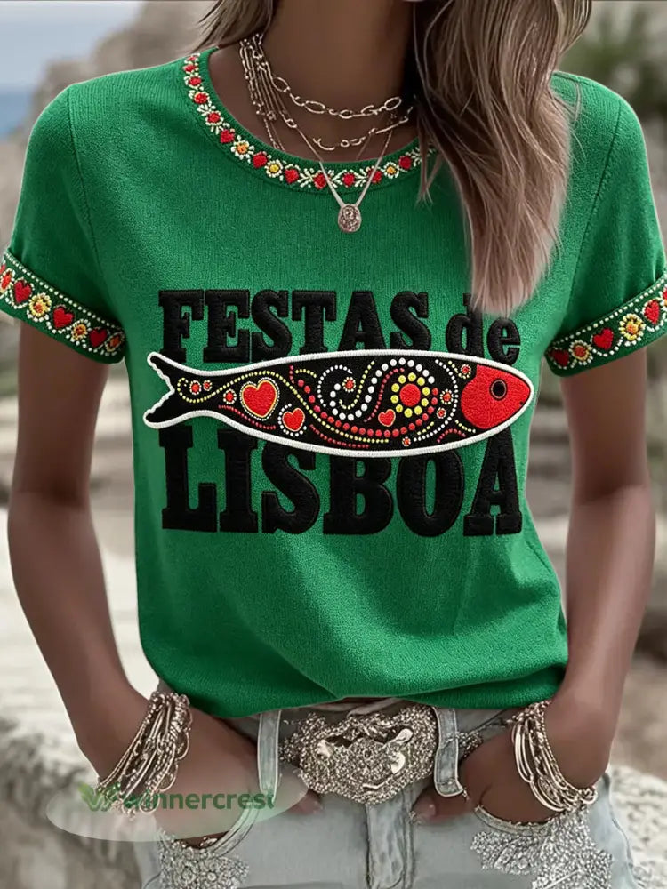 Camiseta feminina com estampa artística dos Santos Populares - verde / S