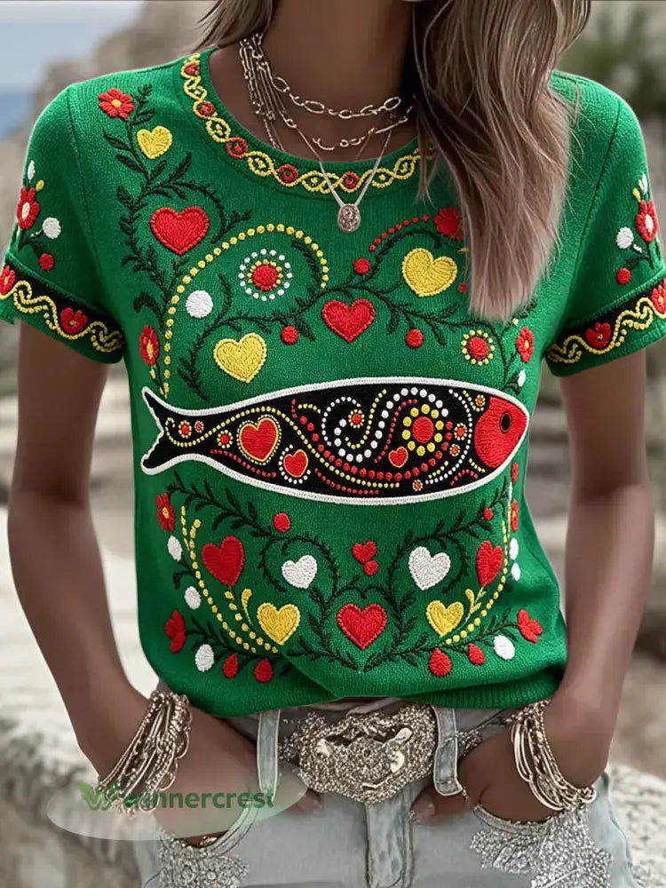 Camiseta feminina com estampa artística dos Santos Populares - verde / S