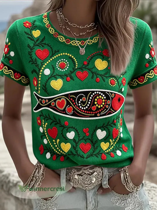 Camiseta feminina com estampa artística dos Santos Populares - verde / S