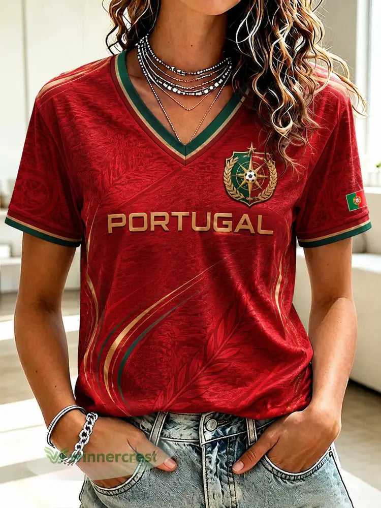 Camiseta feminina de futebol de Portugal com estampa e gola em V - vermelho / S