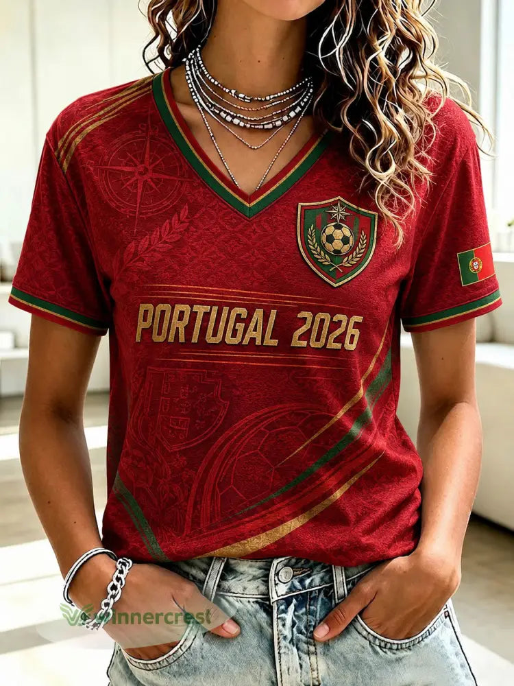 Camiseta feminina de futebol de Portugal com estampa e gola em V - vermelho / S