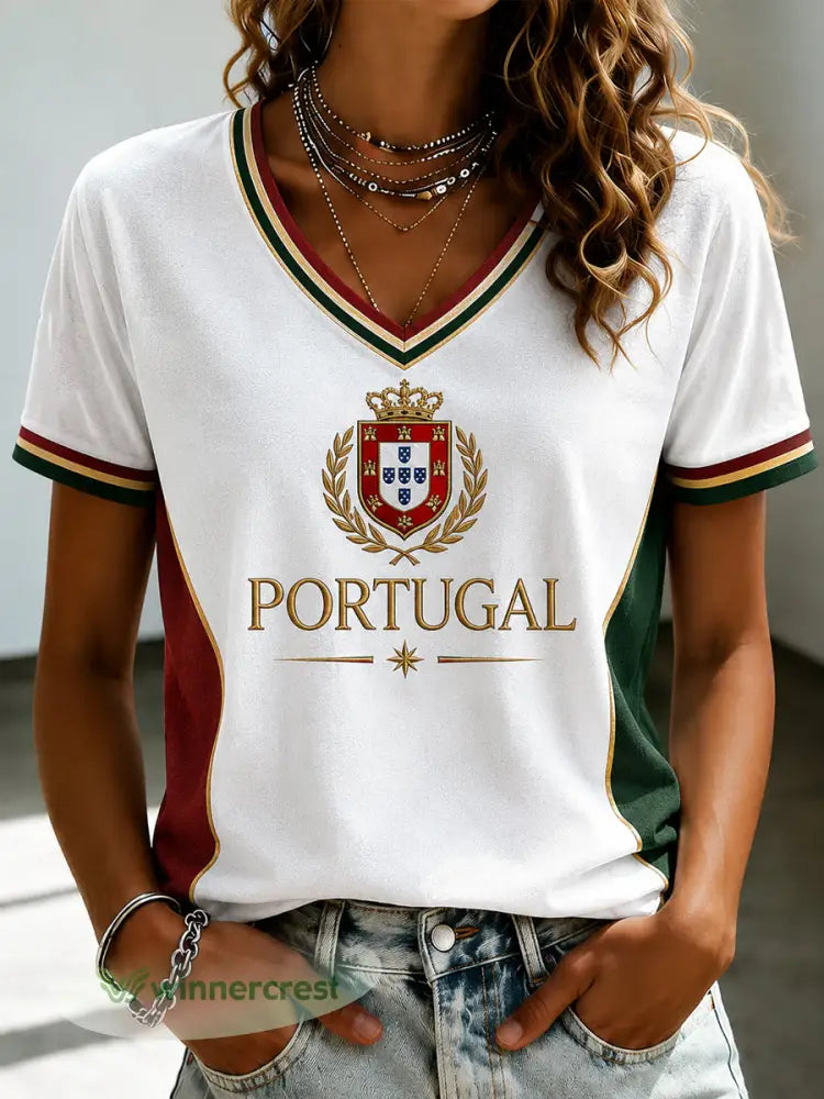 Camiseta feminina de futebol português com estampa e gola em V - como a imagem / S
