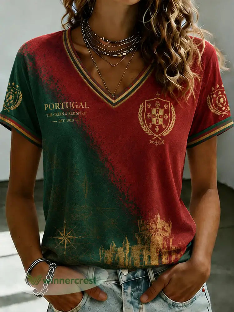 Camiseta feminina de futebol português com estampa e gola em V - como a imagem / S