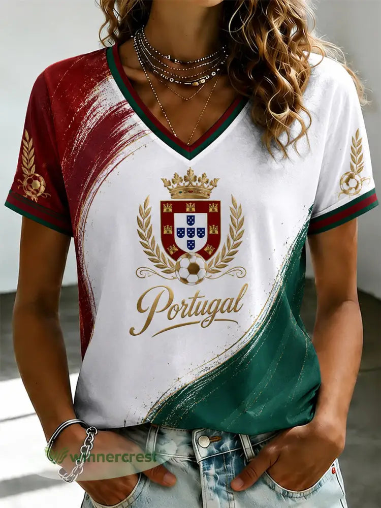Camiseta feminina de futebol português com estampa e gola em V - como a imagem / S