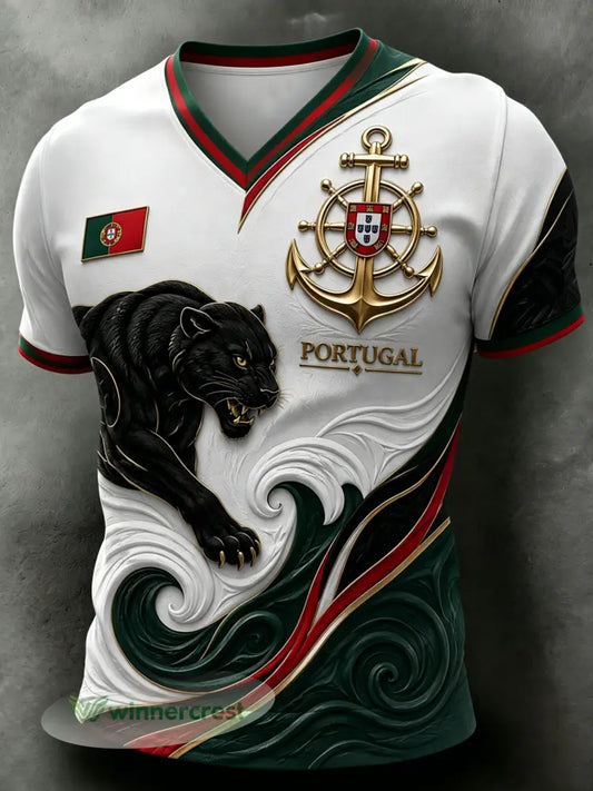 Camiseta masculina com tema de futebol de Portugal: estampa em relevo com arte para torcedores - A / S