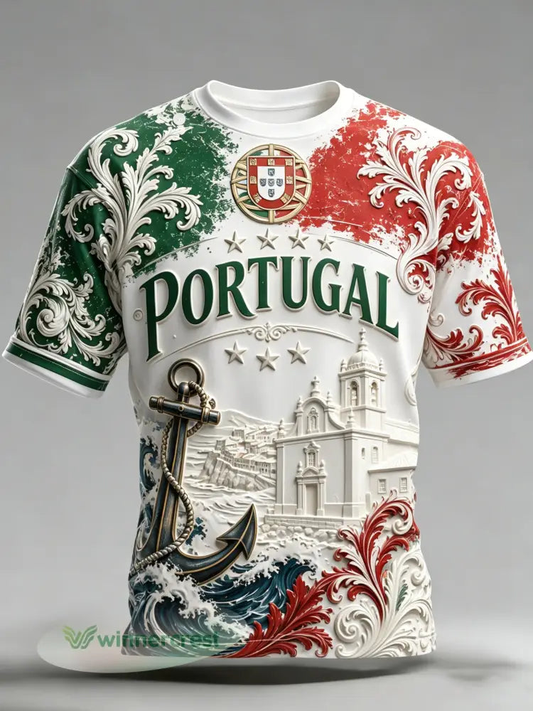Camiseta masculina com tema de futebol de Portugal: estampa em relevo com arte para torcedores - A / S