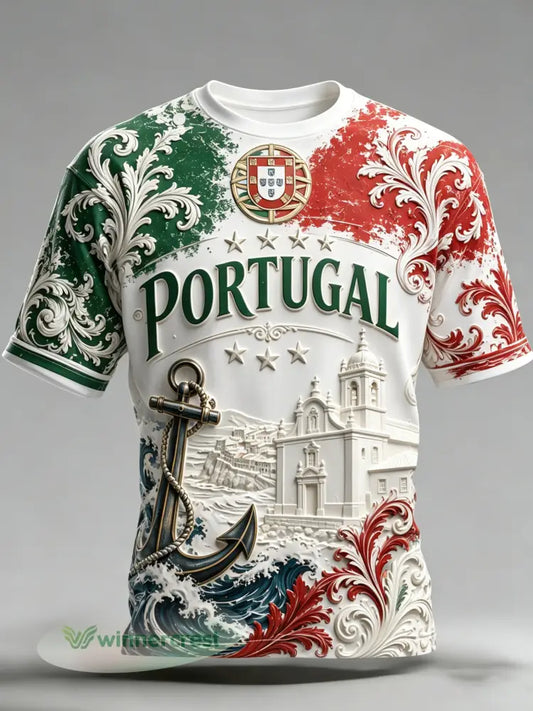 Camiseta masculina com tema de futebol de Portugal: estampa em relevo com arte para torcedores - A / S