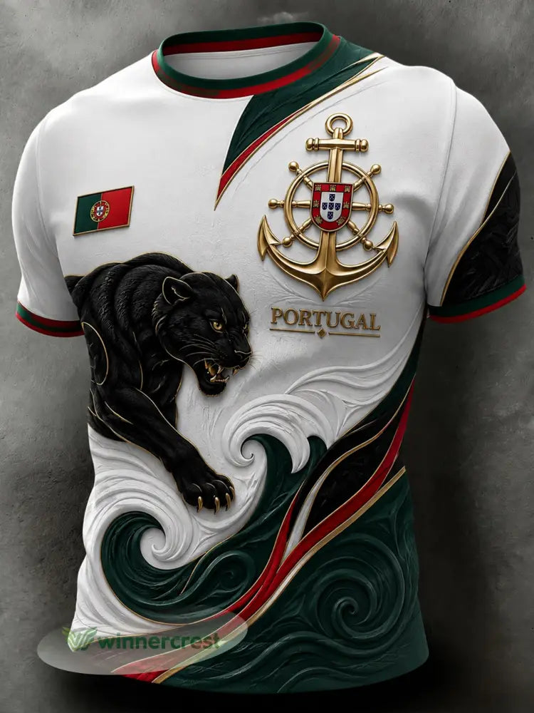 Camiseta masculina com tema de futebol de Portugal: estampa em relevo com arte para torcedores - A / S