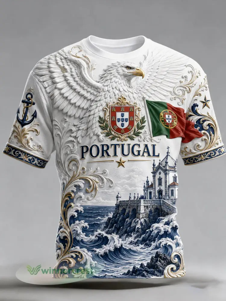 Camiseta masculina com tema de futebol de Portugal: estampa em relevo com arte para torcedores - A / S
