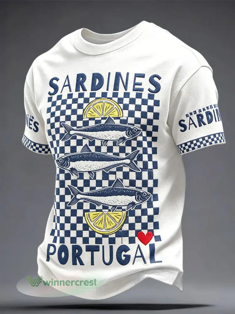 Camiseta masculina Santos Populares com estampa artística de sardinha - branco / S