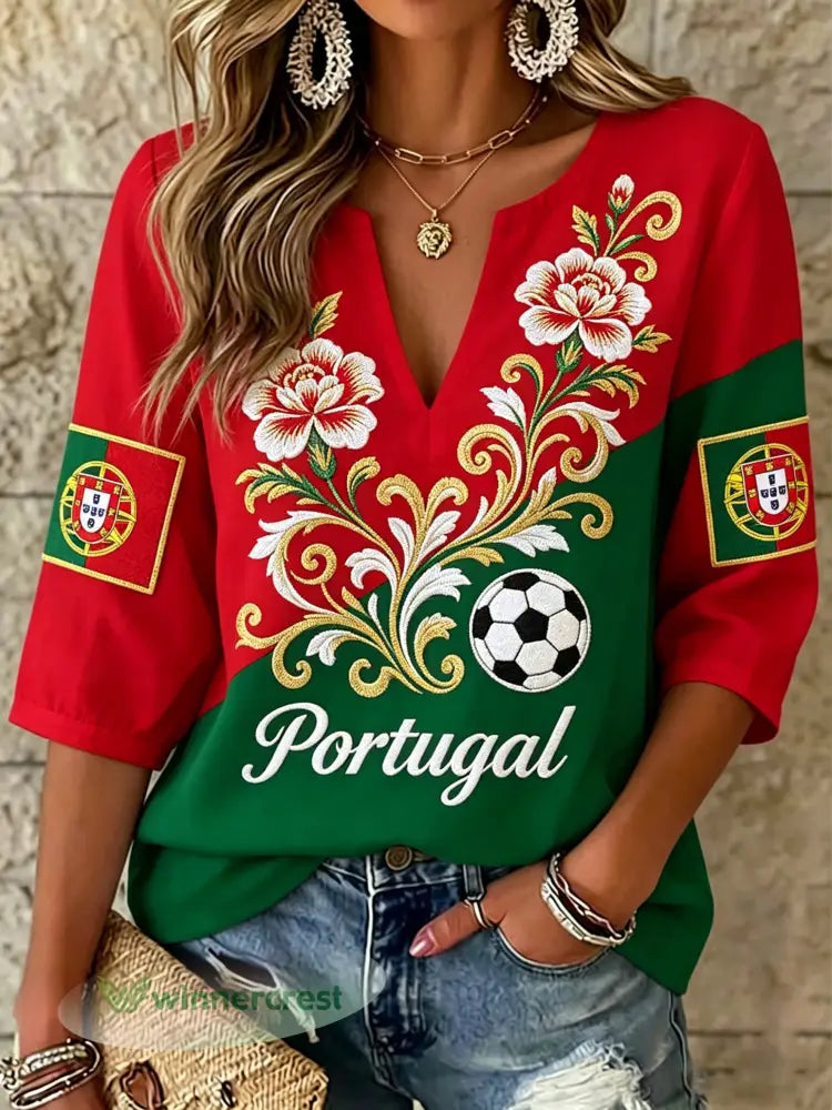 Jogo de futebol português feminino Cheering Art Print V-Neck Top - A / S