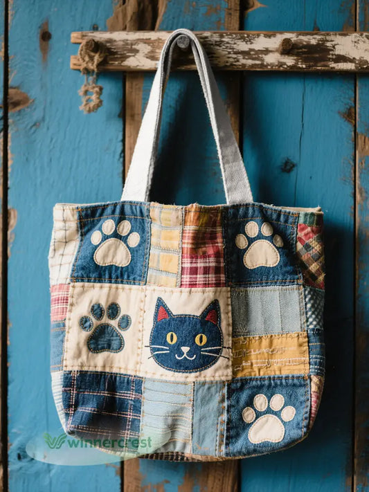 Lovely Cat Pattern Patchwork Art Canvas Bag - As picture / S