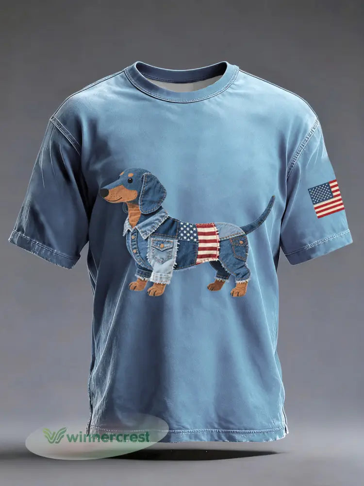 Men’s Denim Patchwork Art Dachshund Dog Pattern Washed T-Shirt - Blue / S