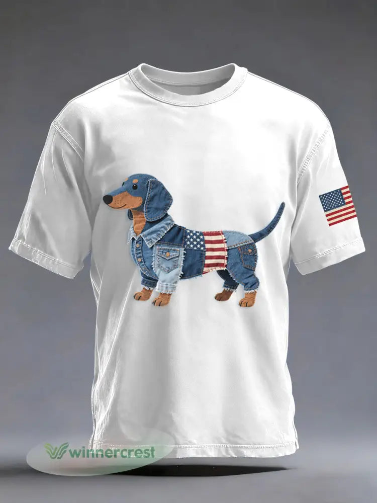 Men’s Denim Patchwork Art Dachshund Dog Pattern Washed T-Shirt - White / S