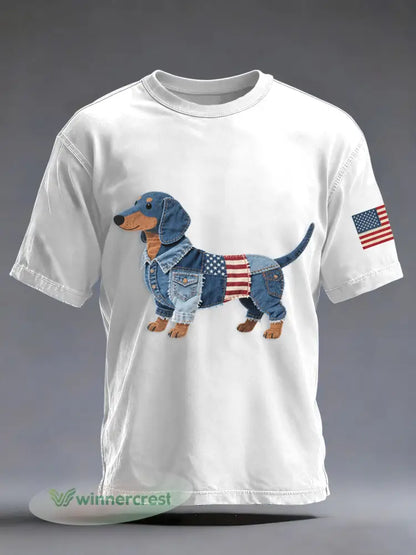 Men’s Denim Patchwork Art Dachshund Dog Pattern Washed T-Shirt - White / S