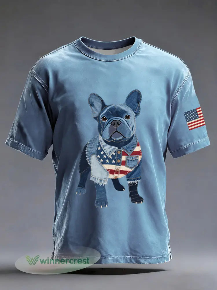 Men’s Denim Patchwork Art French Bulldog Pattern Washed T-Shirt - Blue / S