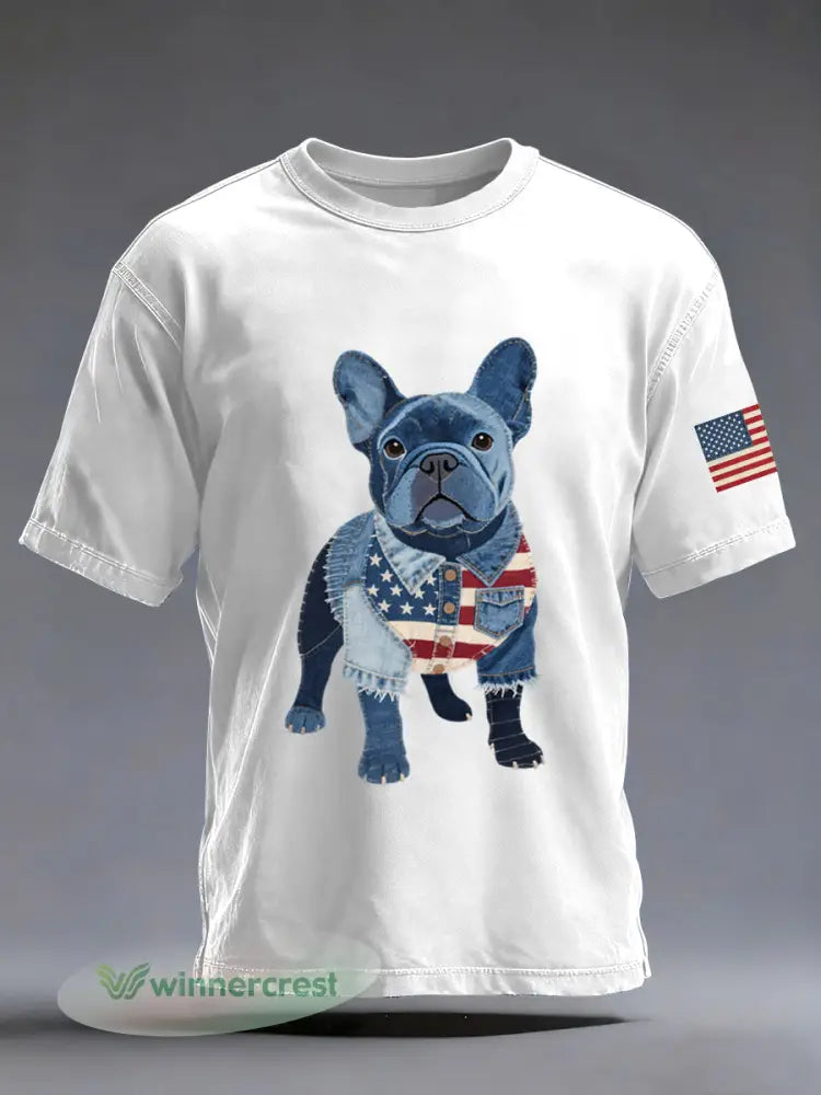 Men’s Denim Patchwork Art French Bulldog Pattern Washed T-Shirt - White / S