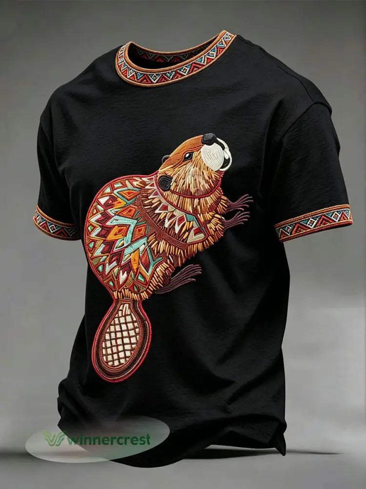 Men’s Indigenous Beaver Art T-Shirts - Black / S
