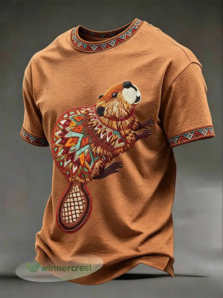 Men’s Indigenous Beaver Art T-Shirts - Brown / S