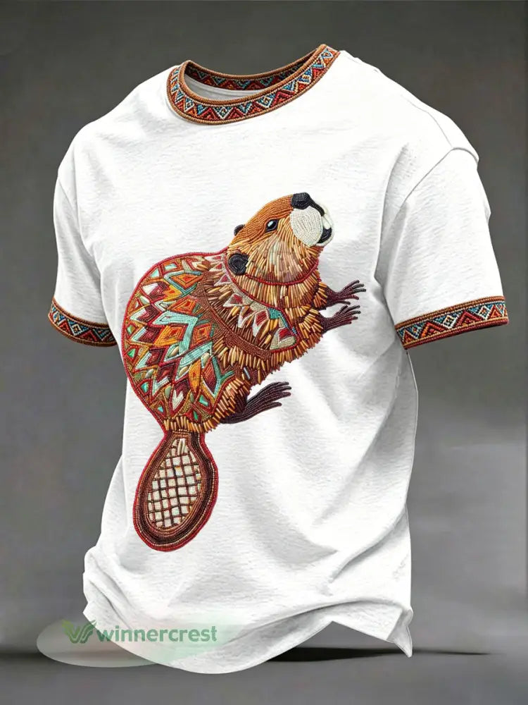 Men’s Indigenous Beaver Art T-Shirts - White / S