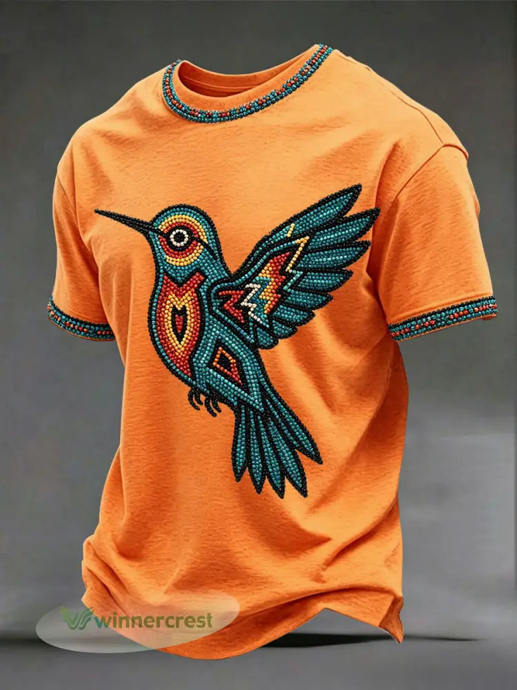 Men’s Indigenous Hummingbird Art T-shirts - Orange / S