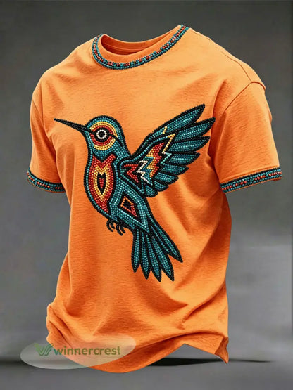 Men’s Indigenous Hummingbird Art T-shirts - Orange / S