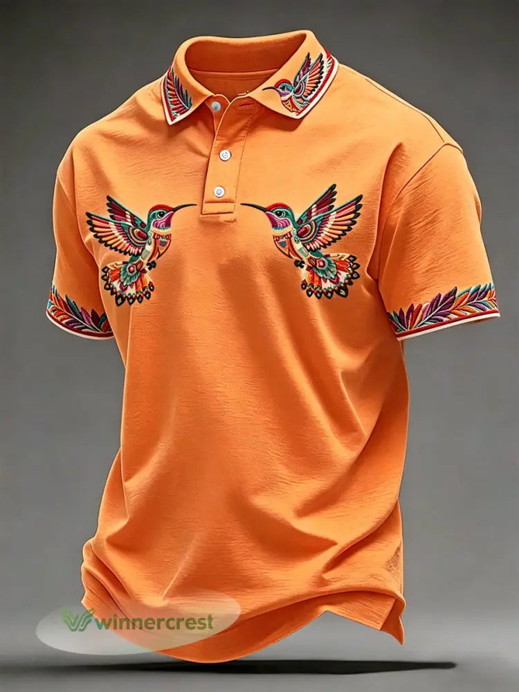 Men’s Indigenous Hummingbird Art Tops - Orange / S