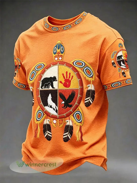 Men’s Indigenous Medicine Wheel Art T-Shirts - Orange / S