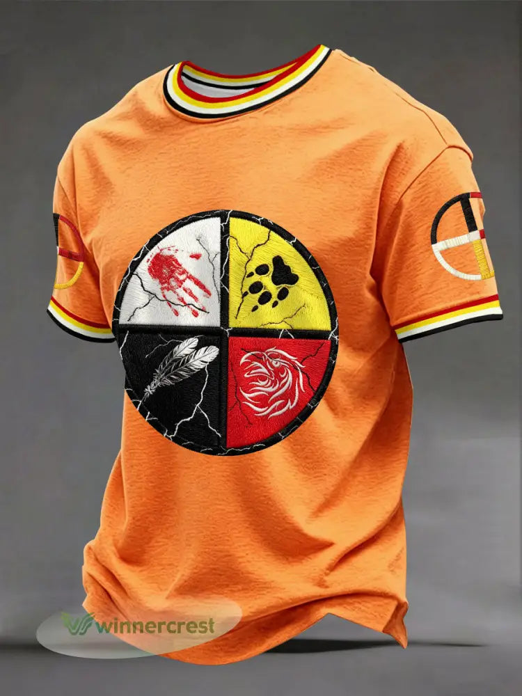 Men’s Indigenous Medicine Wheel T-Shirts - Orange / S