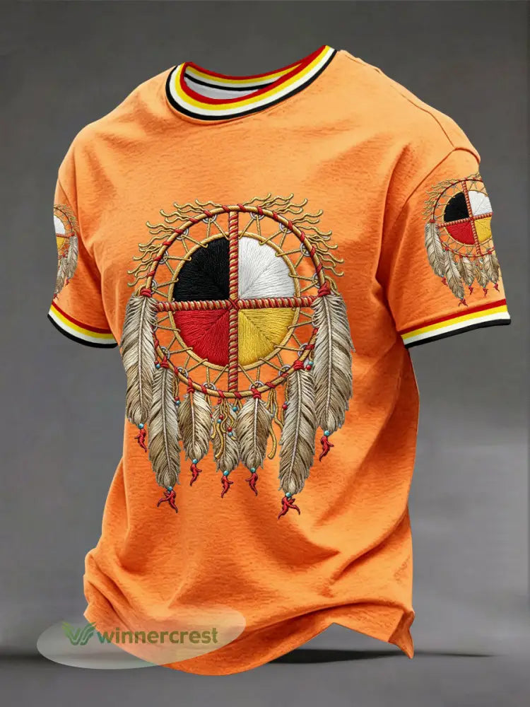 Men’s Indigenous Medicine Wheel T-Shirts - Orange / S